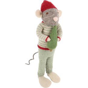 Gry & Sif Christmas mouse man with tree height 60 cm light grey, red