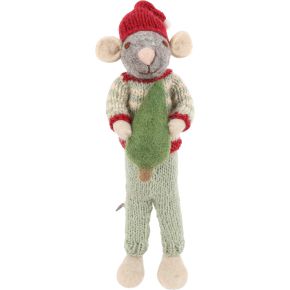 Gry & Sif Christmas mouse man with tree height 27 cm light grey, red