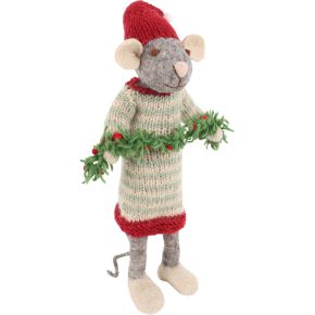 Gry & Sif Christmas mouse woman with garland height 27 cm light grey, red