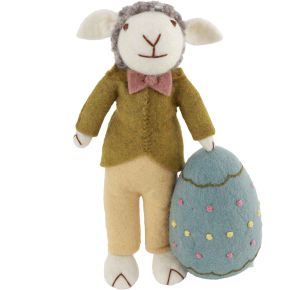 Gry & Sif Easter sheep brown jacket with bow tie with blue Easter egg height 27 cm