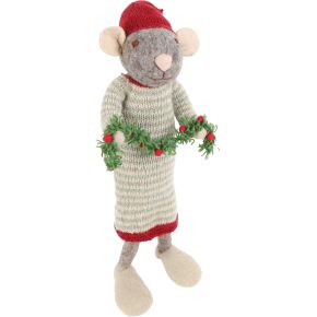 Gry & Sif Christmas mouse woman with garland height 60 cm light grey, red