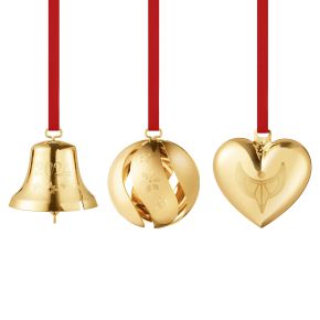 Georg Jensen Christmas 2024 gift box 3 pcs (bell, Christmas tree bauble and heart) gold